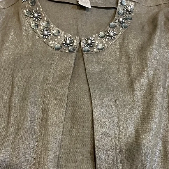 Chico’s 100% Linen Taupe Metallic Open Front Jacket Jeweled Neckline Sz S - Picture 6 of 11